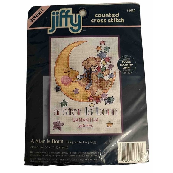 Sunset Other - Vtg Jiffy A Star is Born Birth Record X Stitch Kit Moon Stars Teddy Bear 5"x7"